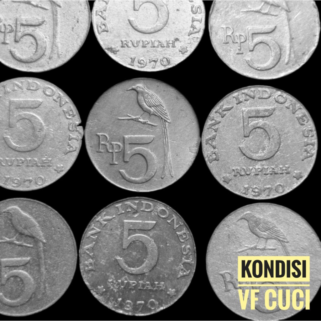 VF Cuci Rp 5 Rupiah Tahun 1970 Burung Srigunting Uang Koin Kuno logam Indonesia
