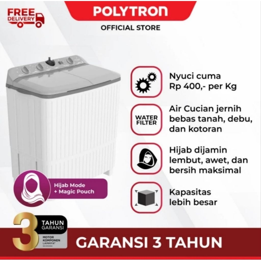 MESIN CUCI POLYTRON 2 TABUNG 9KG HIJAB - PWM 9076 / 9073
