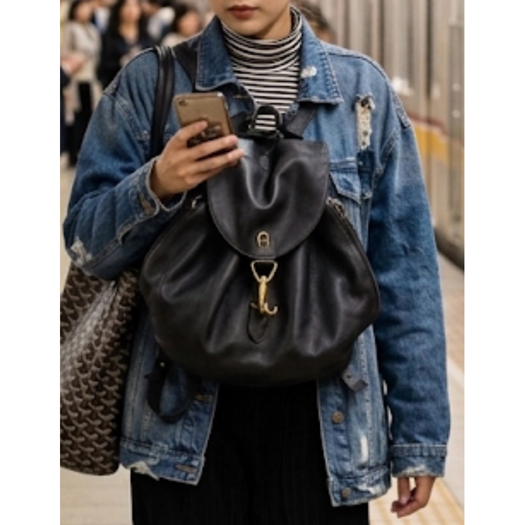 Vintage Tas Aigner Leather Backpack Original Kulit Asli Hitam