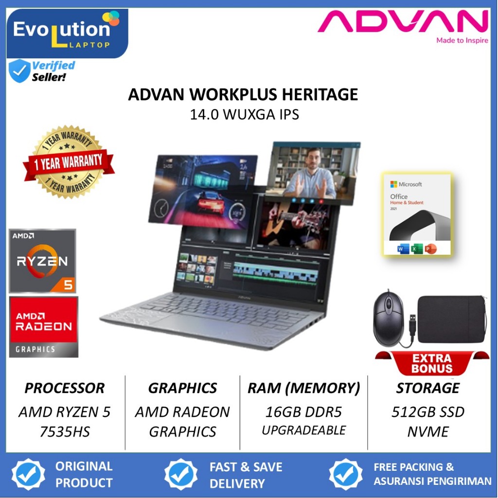 Laptop Advan Workplus Heritage 14 1701 L25B-R57S1 AMD RYZEN 5 7535HS 32GB DDR5 1TB 14.0 WUXGA IPS