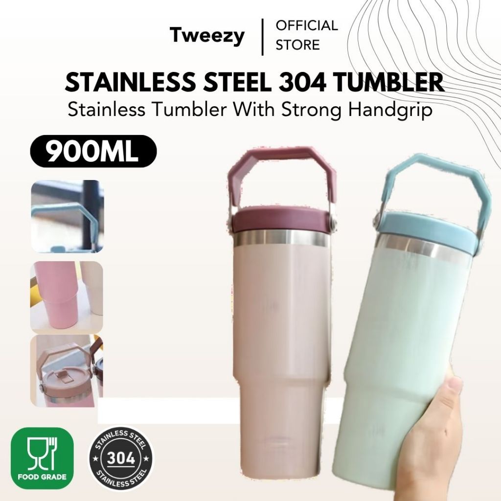 Tumbler Bucket Handle 900ml Stainless Steel Sedotan Minuman Pegangan Gagang Tahan Panas Dingin Mug C