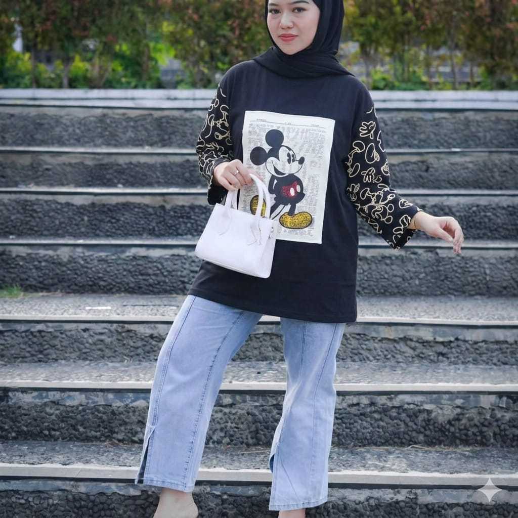 GROSIRDISTRO - Tunik Oversize Tshirt Wanita Lengan Mickey Mouse Premium