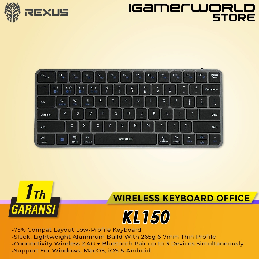 Rexus KL150 / KL-150 Aluminum Low Profile Wireless Bluetooth Low Profile Office Keyboard