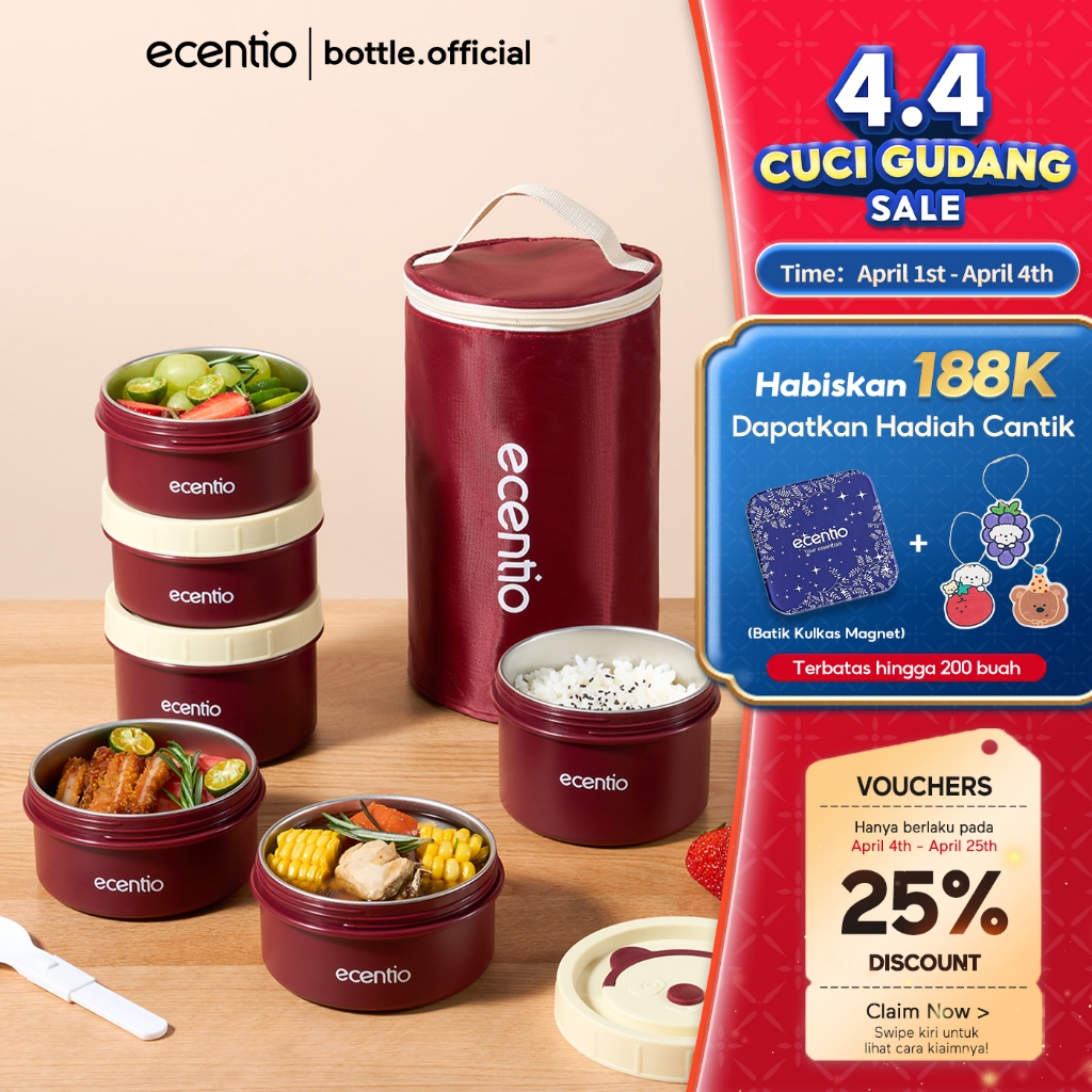 [3PCS Set] ecentio Lunch Box Set 3pcs Kotak Makan Siang Bento Portabel  Tahan Bocor Gaya Jepang Roun