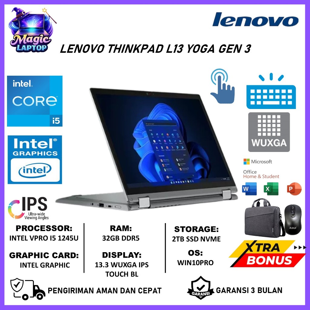 Lenovo Thinkpad yoga L13 G3 Intel Vpro - i5 1245U WUXGA IPS Ram 16GB Touchscreen 1TB SSD Black
