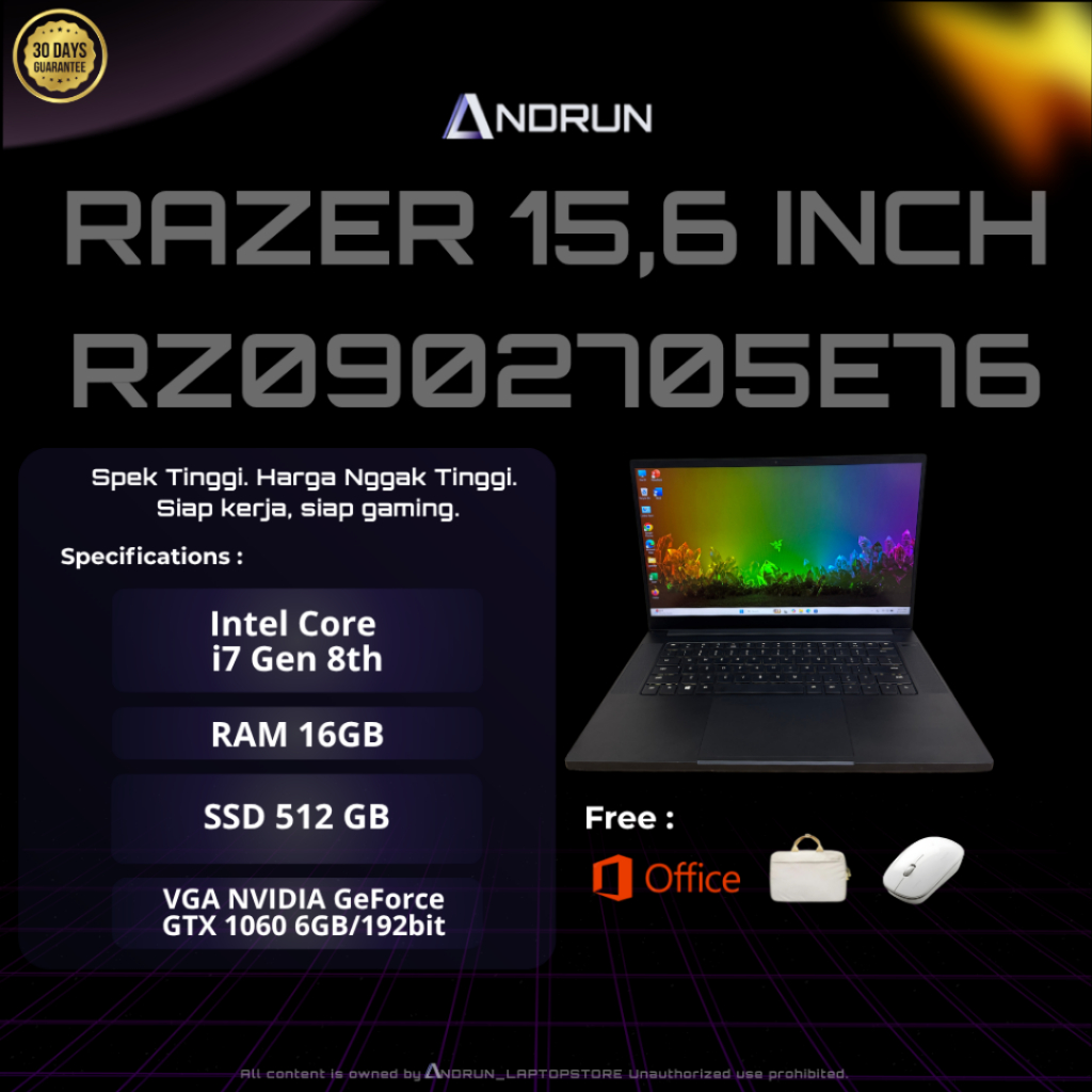 RAZER 15" 0902705E76  i7 gen 8th // 16/512GB // VGA 6/192 bit NVIDIA Geforce GTX 1060