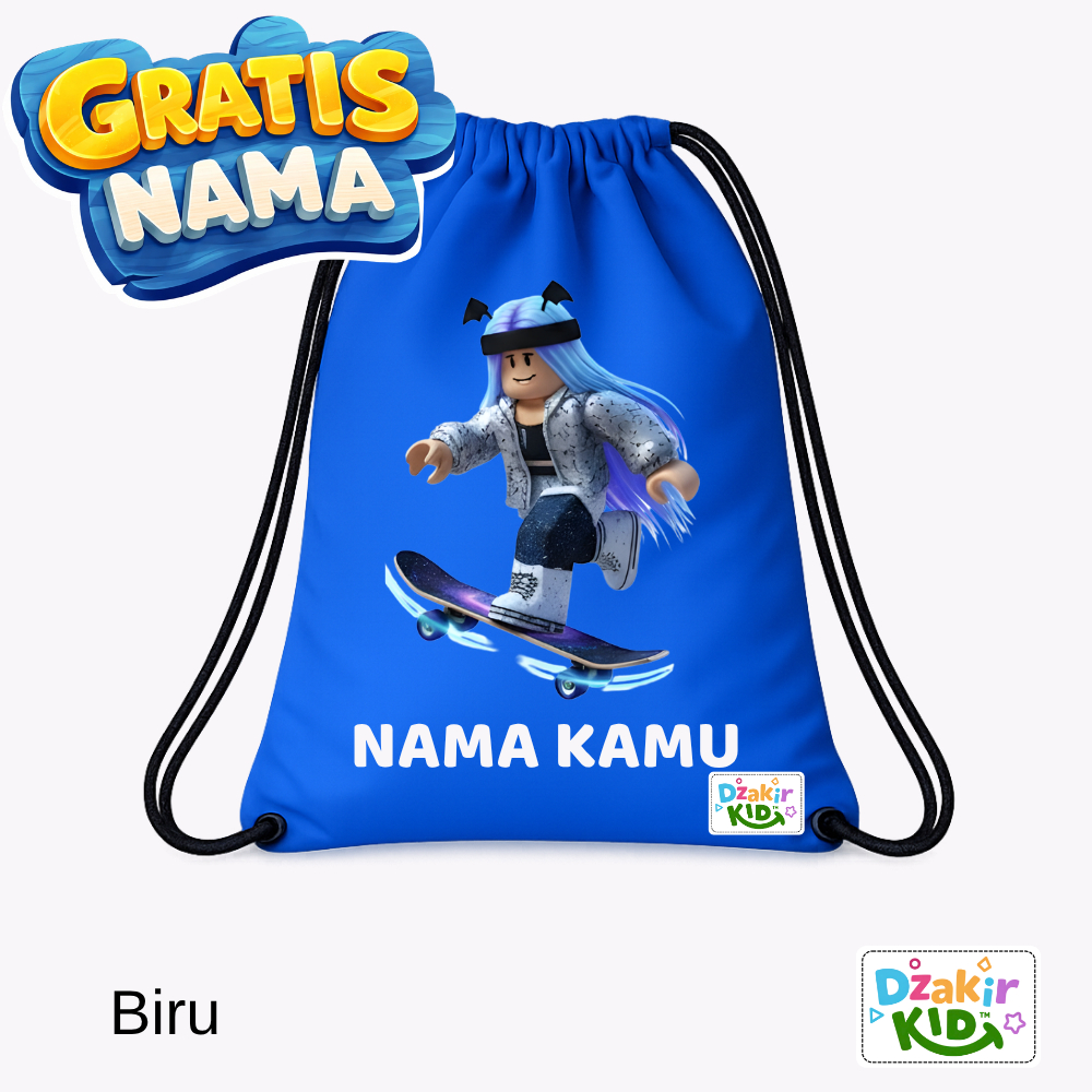 DZAKIR KIDS Tas Serut Roblox Skate Perempuan Baju Hitam Rambut Biru Panjang Aneka Warna Anak Sekolah