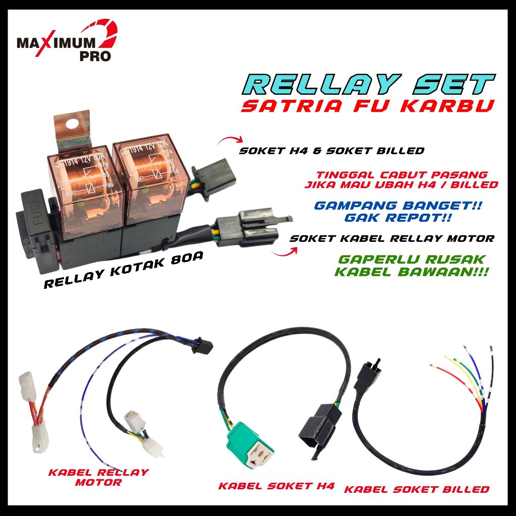 PREMIUM KABEL RELAY LAMPU SET SATRIA FU KARBU 80A HID SOKET BILED LED H4 MOTOR SOCKET RELLAY LAMPU P