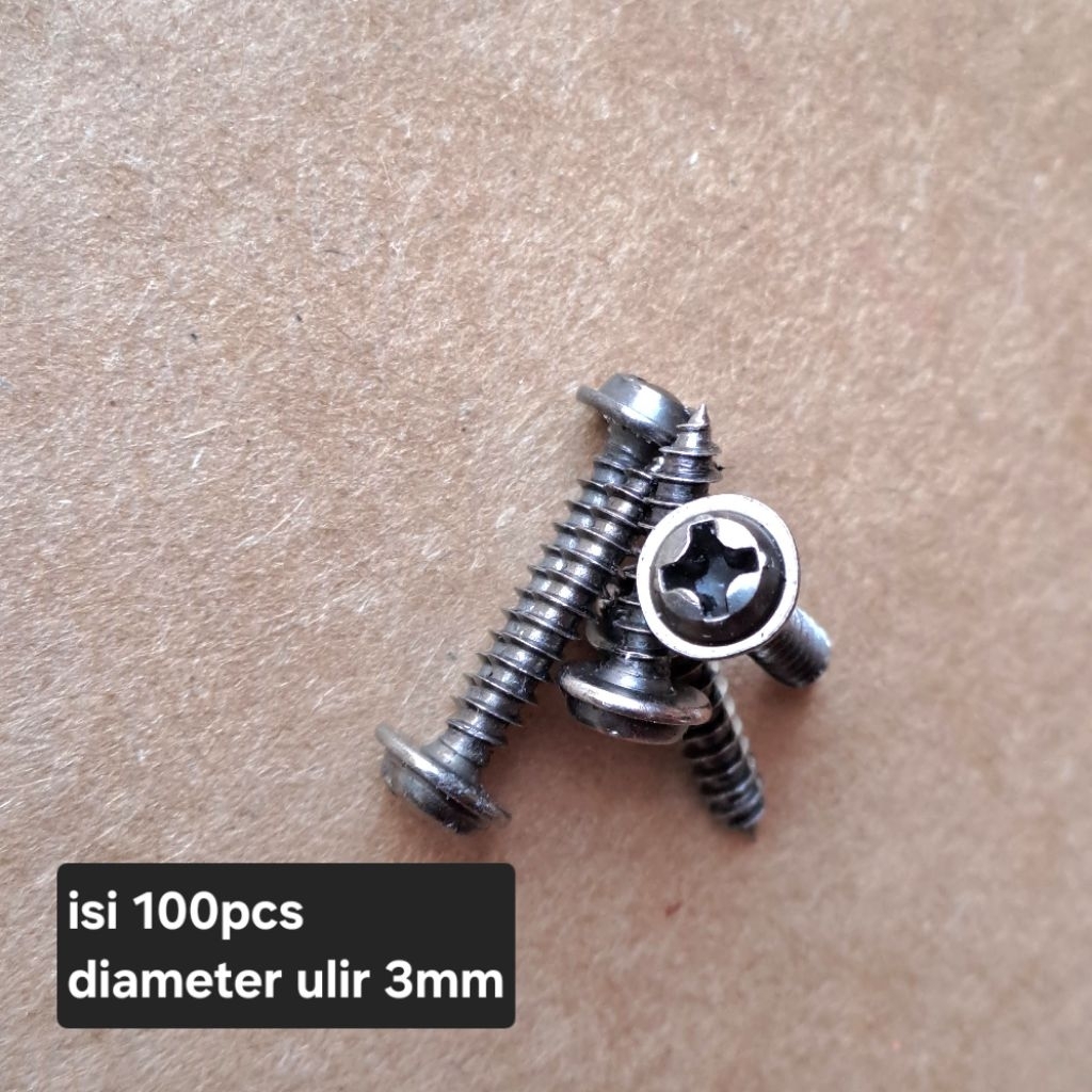 100pcs Baut Sekrup Hitam Lancip Diameter Ulir 3mm