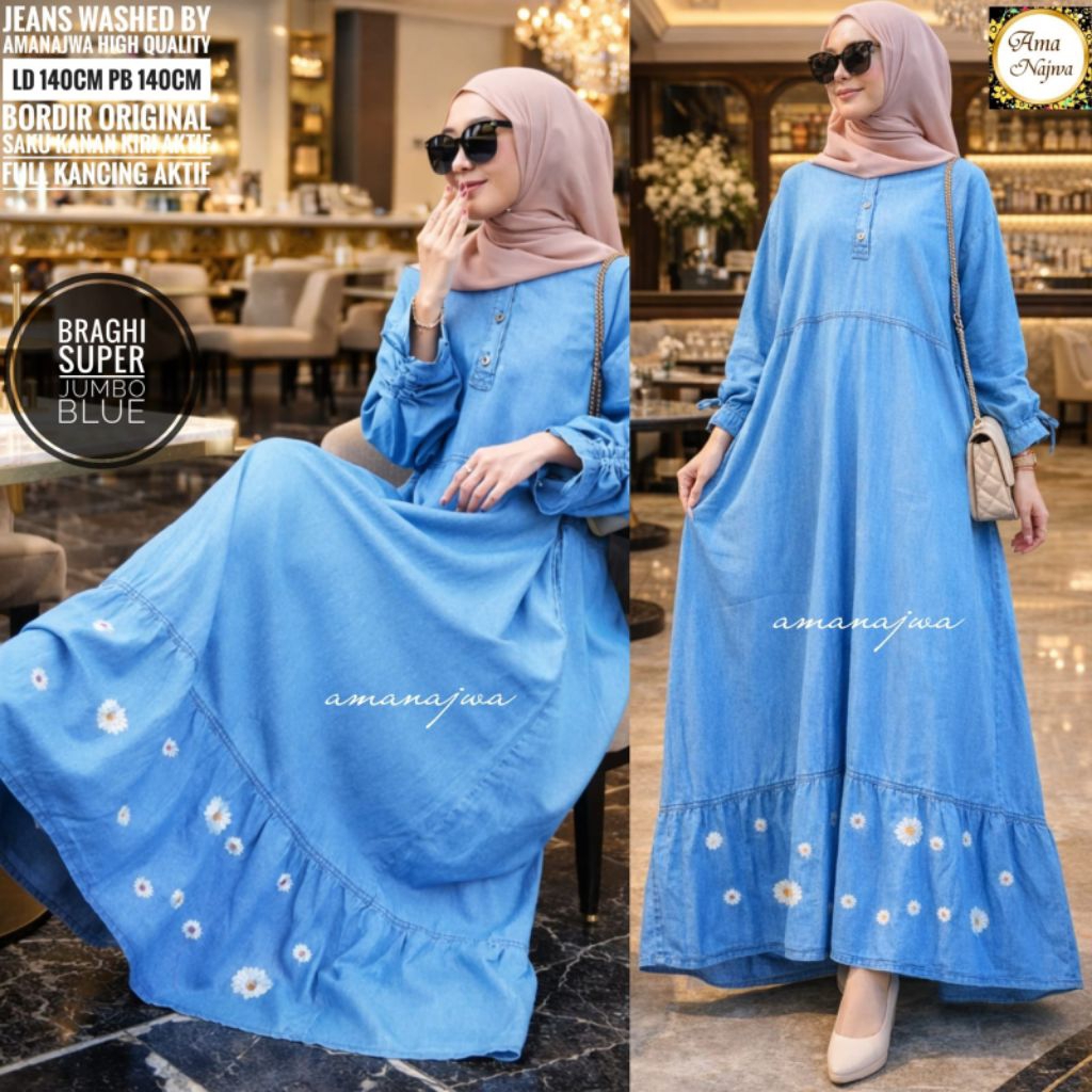 Braghi Gamis Jeans LD 140  Denim Wanita Super Jumbo Bordir Baju Muslim