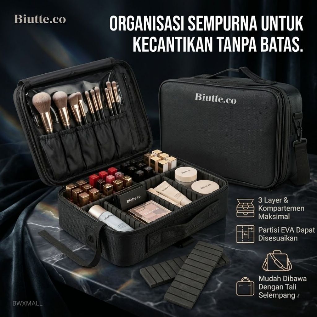 Tas Kosmetik Make Up Travel Organizer Biutte.co RL2A Pouch Skincare 3 Susun Tas Rias Wajah Beauty Ca