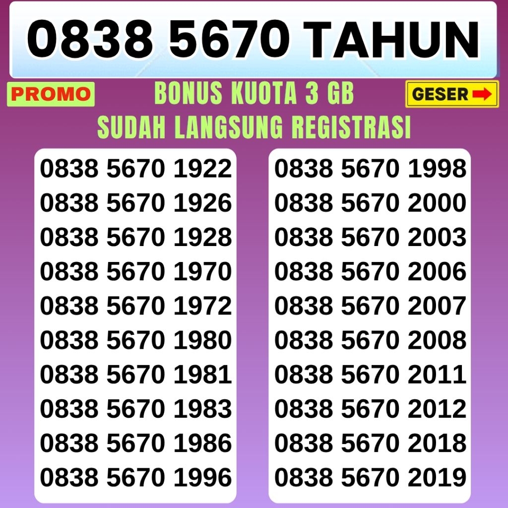 Nomor Cantik AXIS Tahun 333 Triple Super 5670 Tahun Kartu Perdana xl Support 4g lte 5g 10 digit Nomo