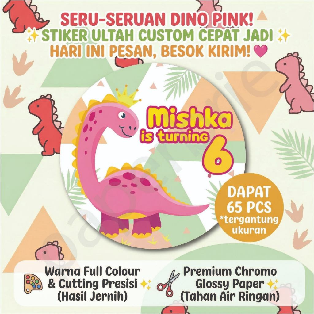 Label Stiker Dino Pink - Sticker Ulang Tahun Anak, Hampers, Souvenir, Birthday Party
