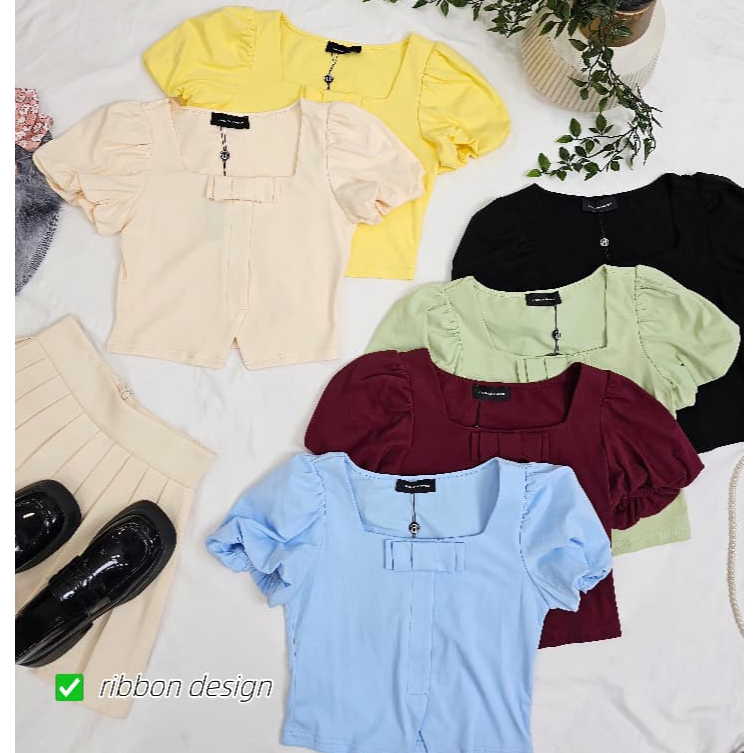 Atasan Wanita Croptop Lengan Puff Hiasan Pita Square Neck Katun Stretch - DRESS UP 22617