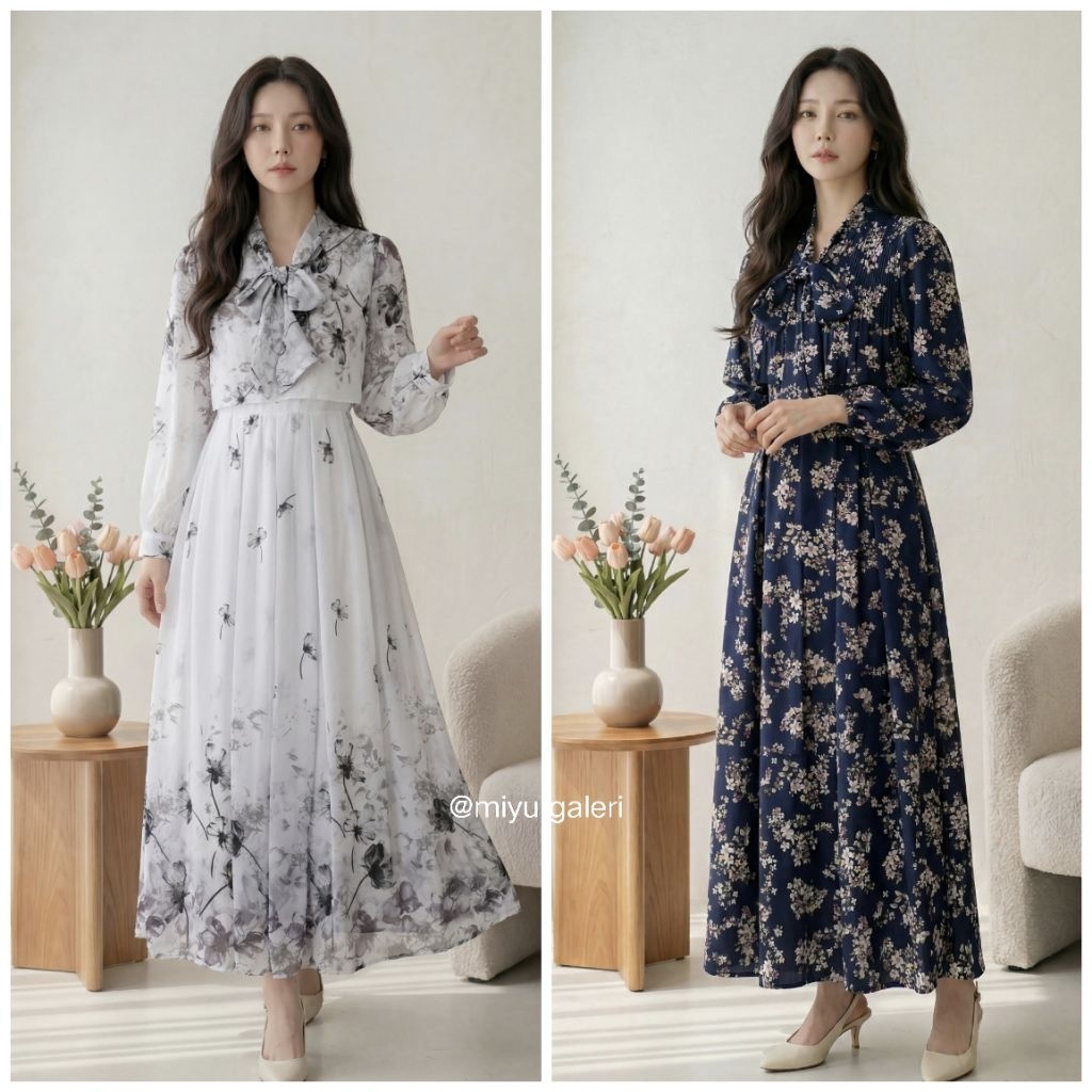 Ahya Korean Dress Gamis Lipit ala Hanbok Import Terbaru 2024 Korea Korean Style Baju Gamis Ceruty Wo