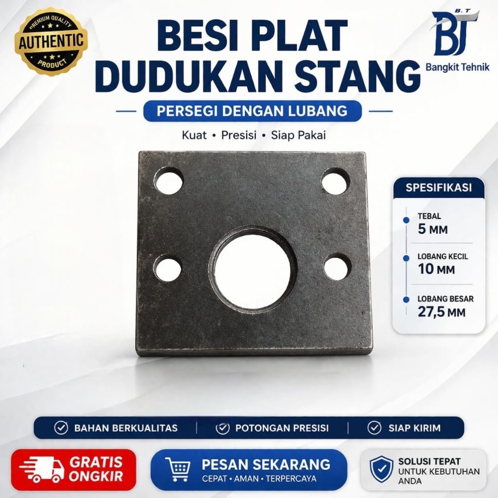 Besi Plat Dudukan Stang Persegi Tebal 5 mm Lubang 10 mm dan 27.5 mm