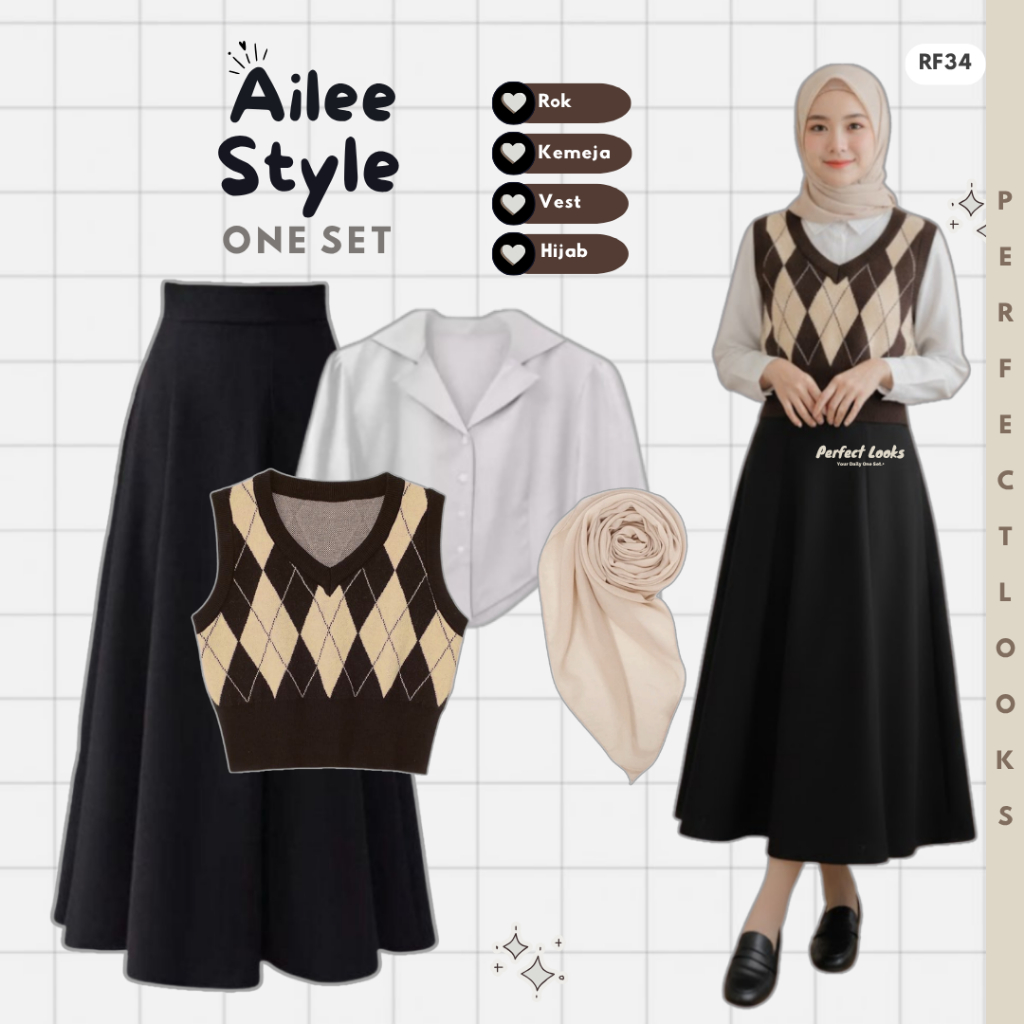 Setelan Yearbook Outfit | Vest Diamond, Kemeja Crop, Rok, Hijab | One Set Hijab OOTD RF34