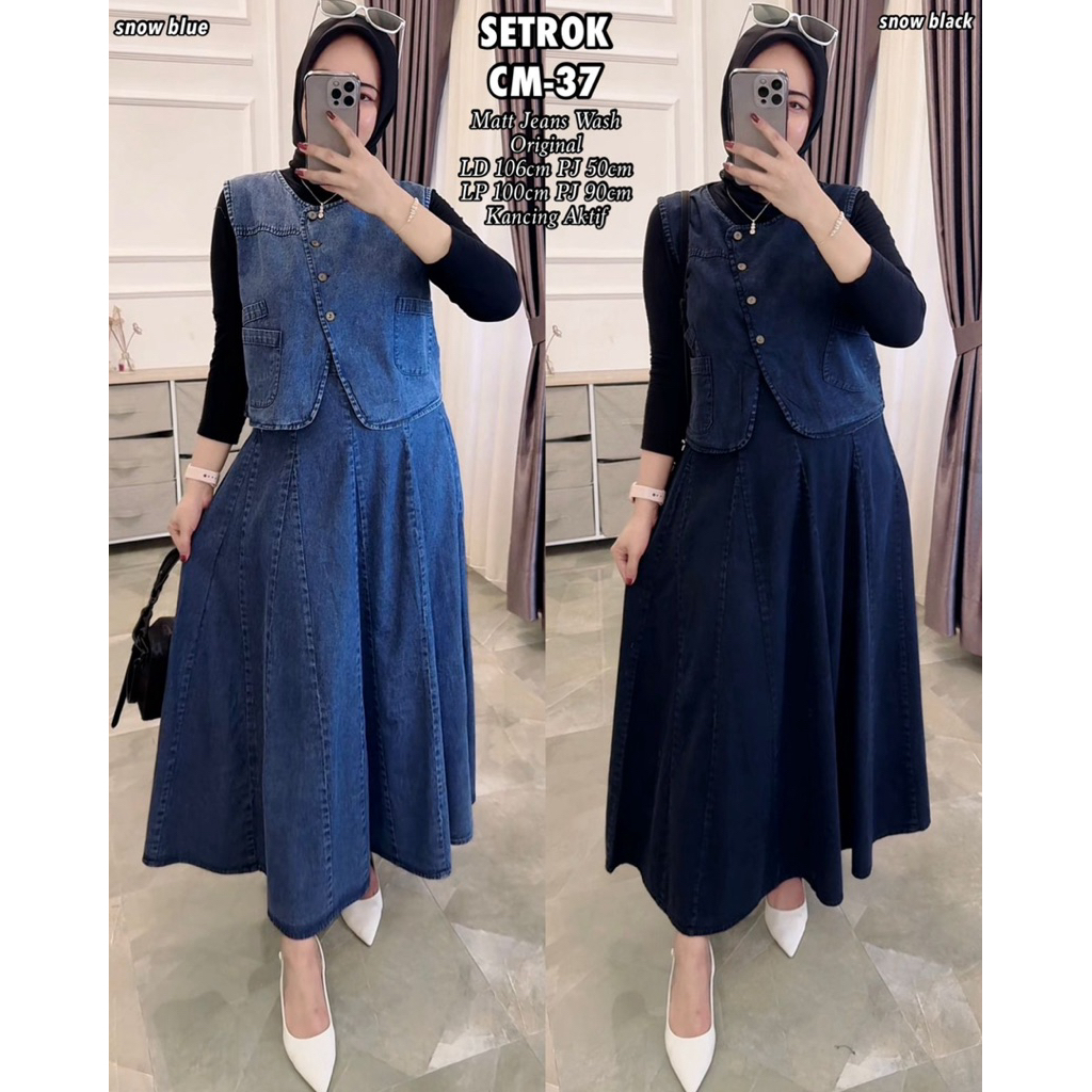 VILOVE- Alisha Setelan Rok Elegan Jeans Wanita Dewasa Kekinian