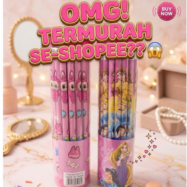 GROSIR Pensil Kayu Karakter Disney Princess Labubu Isi 12pcs Viral Grosir Murah Alat Tulis Souvenir 