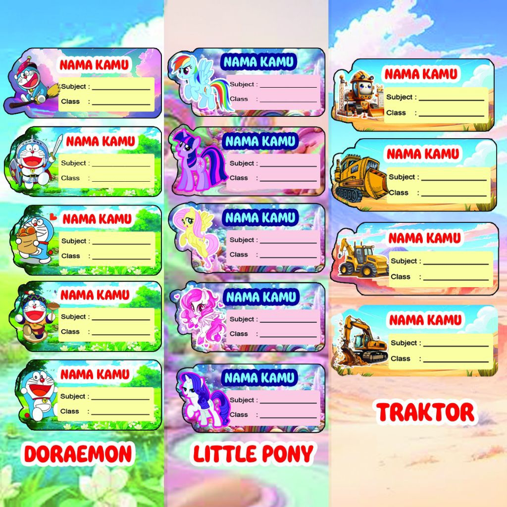 [ISI 10] Stiker Nama Label Buku Karakter Doraemon Little Pony Traktor - Sticker Custom Nama Anak Sek