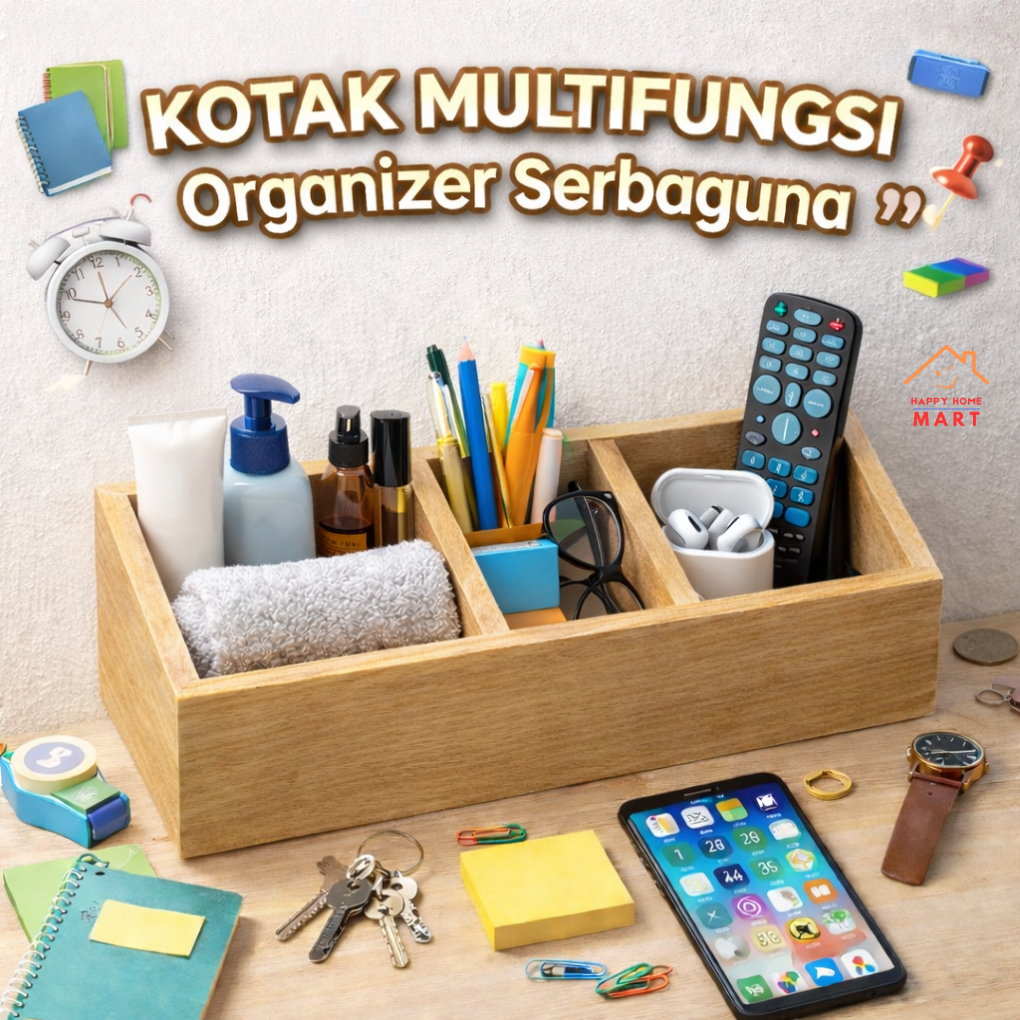 Kotak Organizer Kayu 3 Sekat Multifungsi Wooden Storage Kayu Mahoni Rak Penyimpanan Meja & Dinding