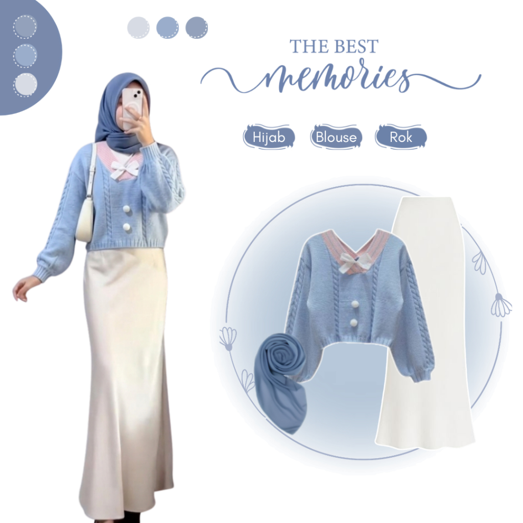 One Set 3in1 Kekinan | Setelan Wanita Terbaru | Kawai Blouse + Rok duyung + Hijab - BU256N