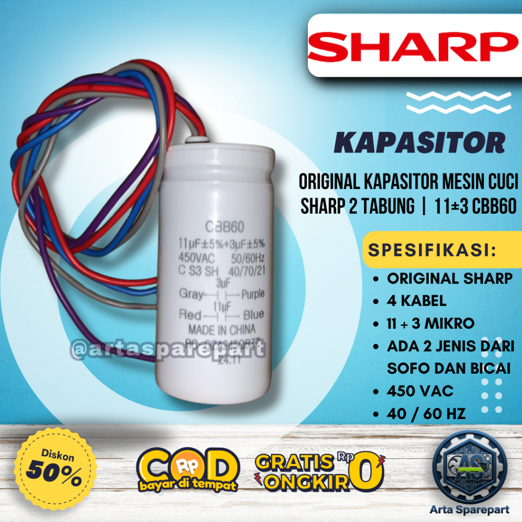 KAPASITOR ORI\ ORIGINAL UNTUK MESIN CUCI SHARP 2 TABUNG 4 kabel di 11+3uf