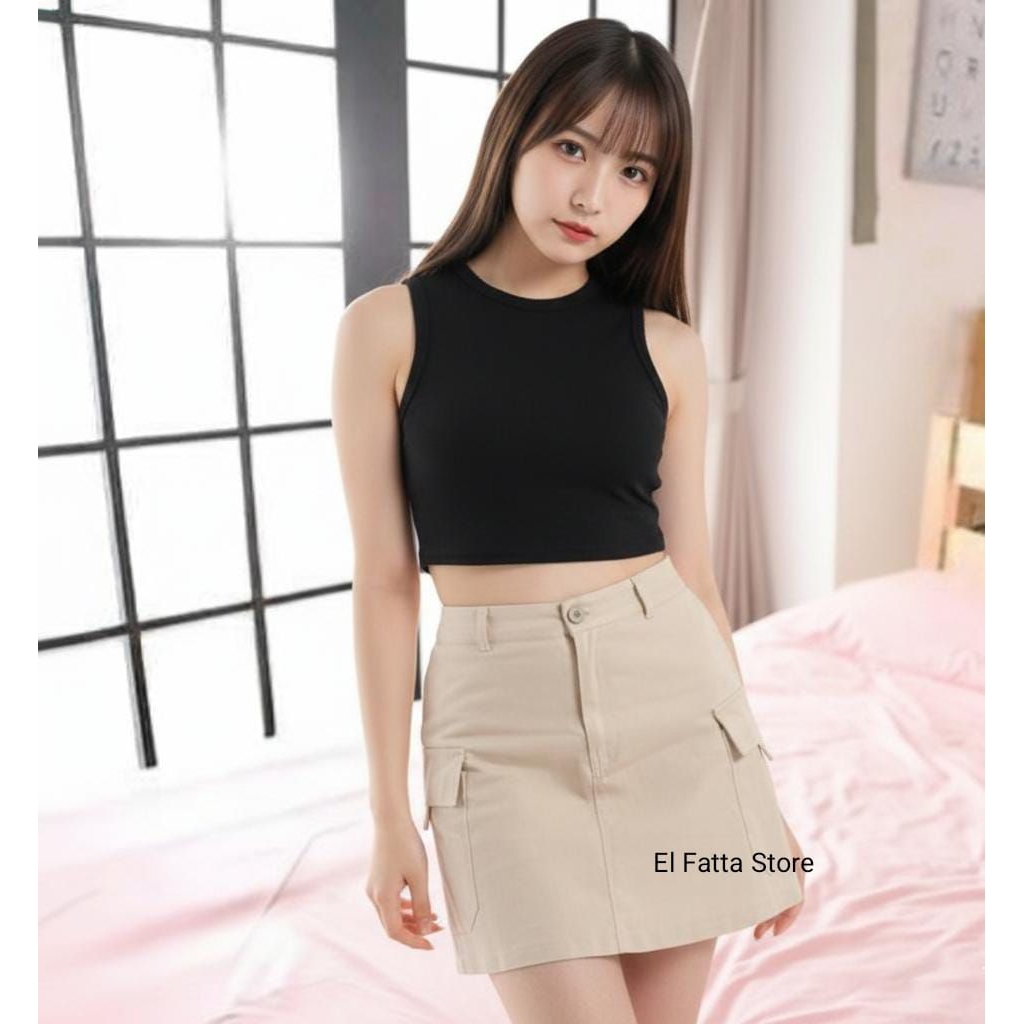 Rok Pendek Kargo Wanita Rok Cargo Skirt Korean Style A Line Polos Hitam Putih