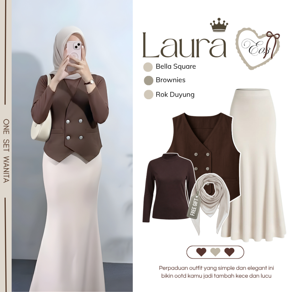 One Set Outfit Remaja 3in1 ( Jilbab + Manset + Vest Brownies + Rok Duyung ) One Set Wanita - M26