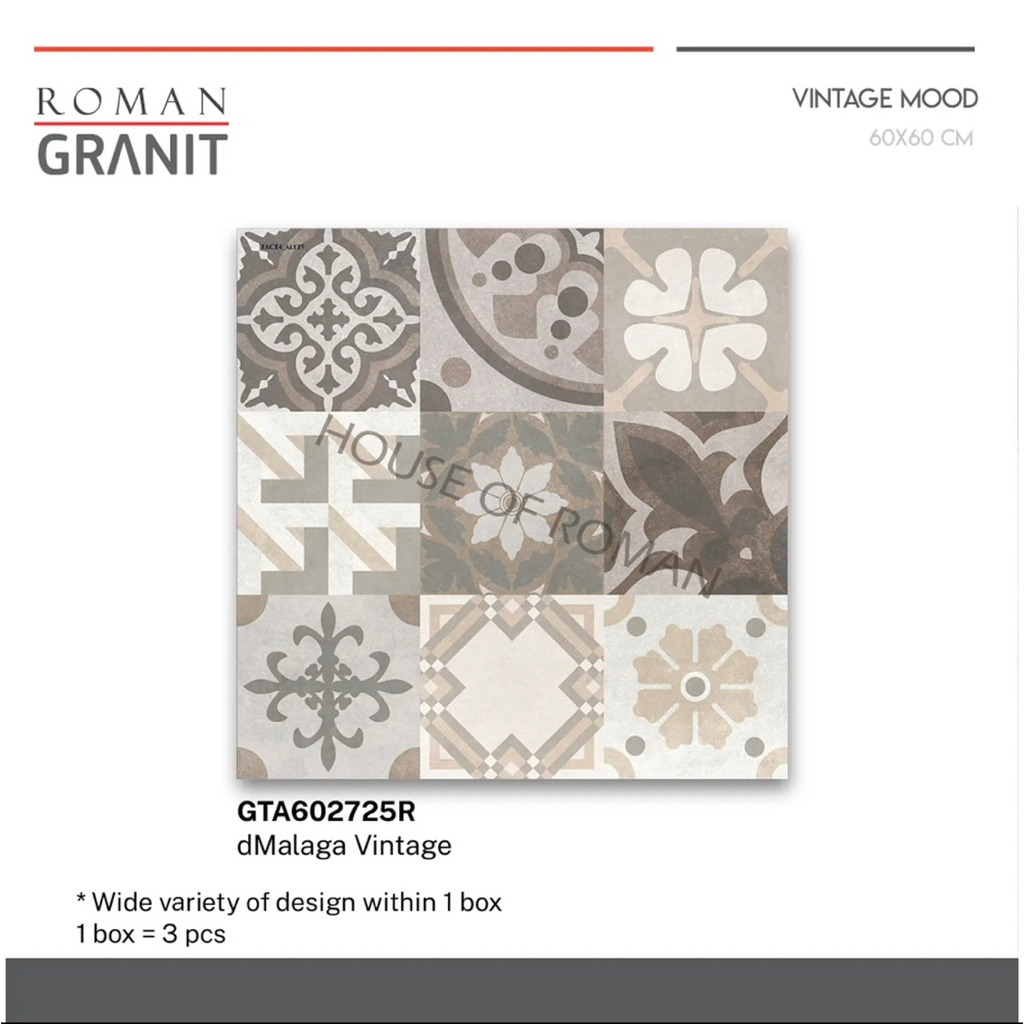 Roman granit dMalaga Vintage/Granit Lantai Motif Batik/Granit 60x60 Motif Batik/Keramik Tagel Jadul