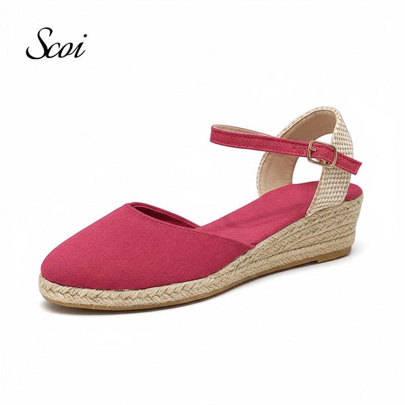 Scoi Sepatu Wedges Wanita Merah Kanvas Espadrilles Tali Ankle Elegan