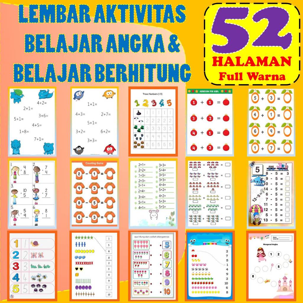 Worksheet Lembar Kerja Anak Belajar Berhitung Menghitung Anak TK 5 6 Tahun dan Anak SD Kelas 1 Works