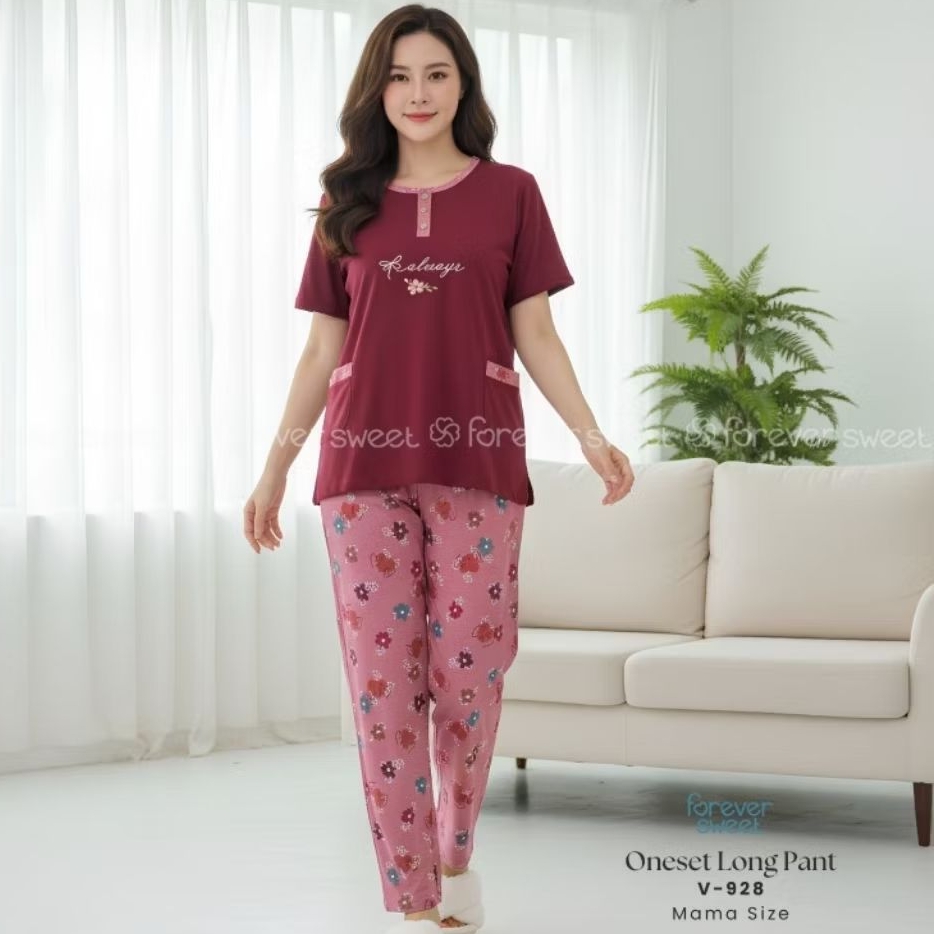 One Set Piyama Wanita Premium - Tangan Pendek Celana Panjang CP Mama Size | FOREVER SWEET