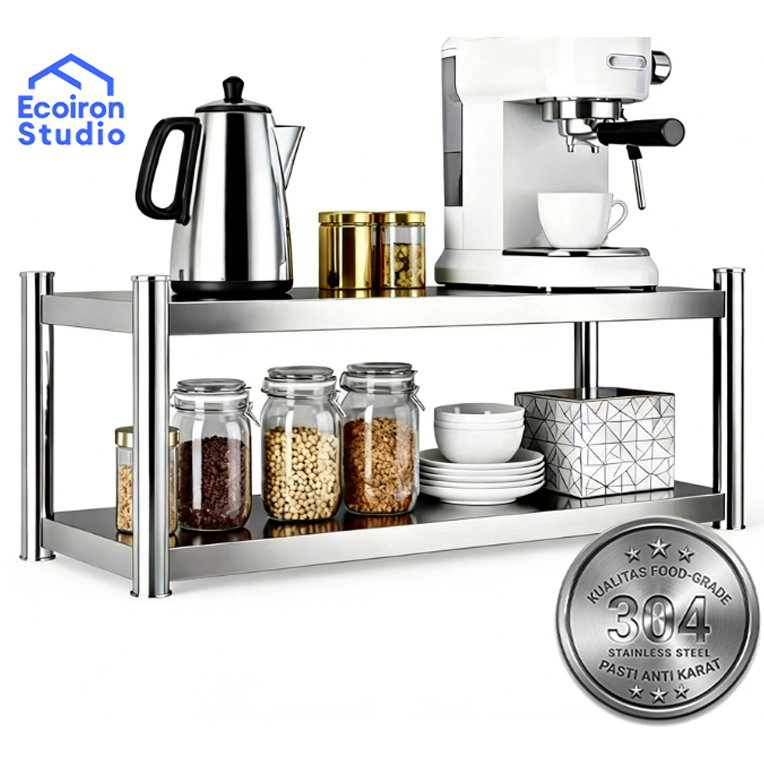 EcoIron Studio SUS 304 Rak Dinding Dapur Stainless Rak Microwave Oven Rak Bumbu 2 Susun Anti Karat C