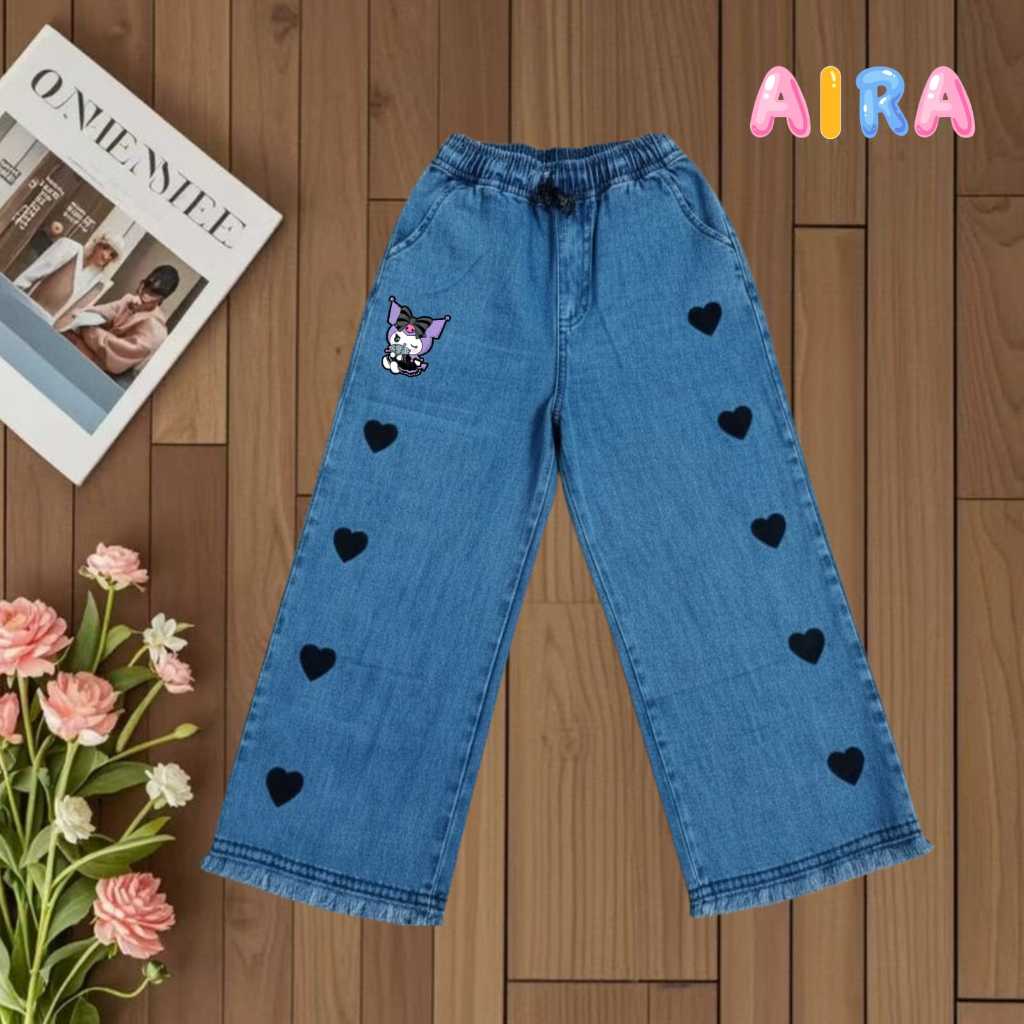 Celana Kulot Anak Sablon Labubu & Kuromi Remaja Motif Love dengan Bahan semi Jeans Lembut dan Nyaman