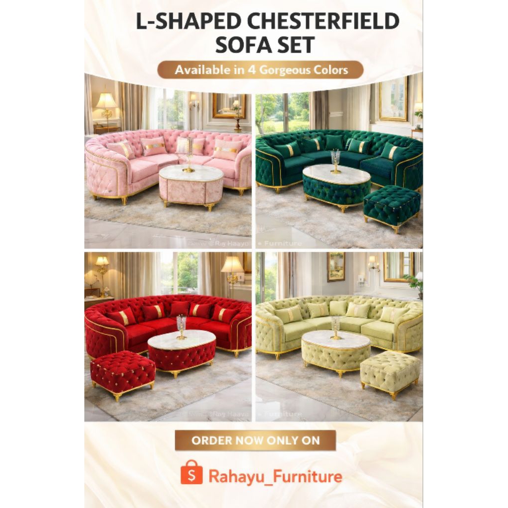 Sofa tamu Chesterfield sudut minimalis 22sudut + stoll + meja sofa mewah murah aesthetic
