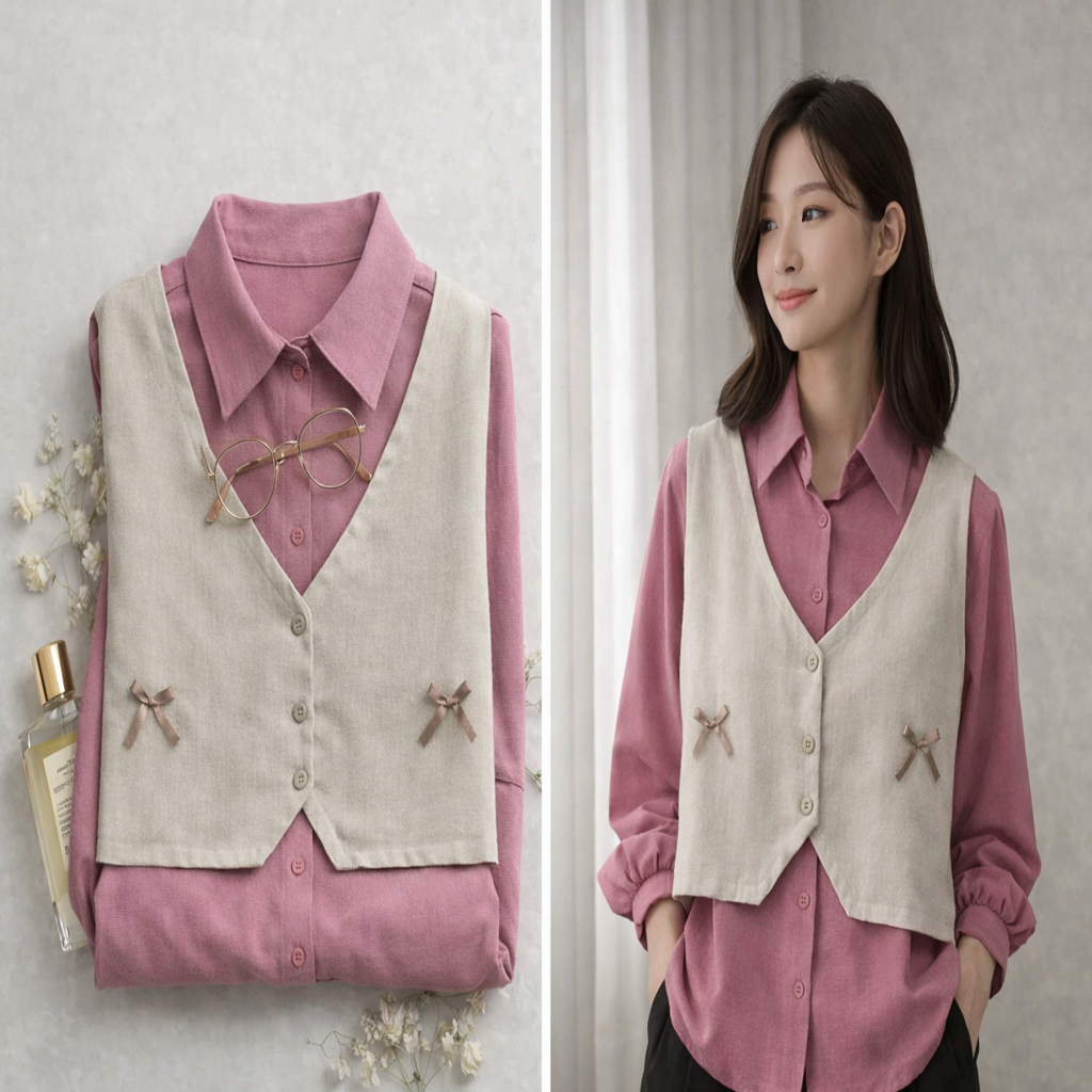 Vest Wanita Lengan Panjang Variasi Pita Korean Style