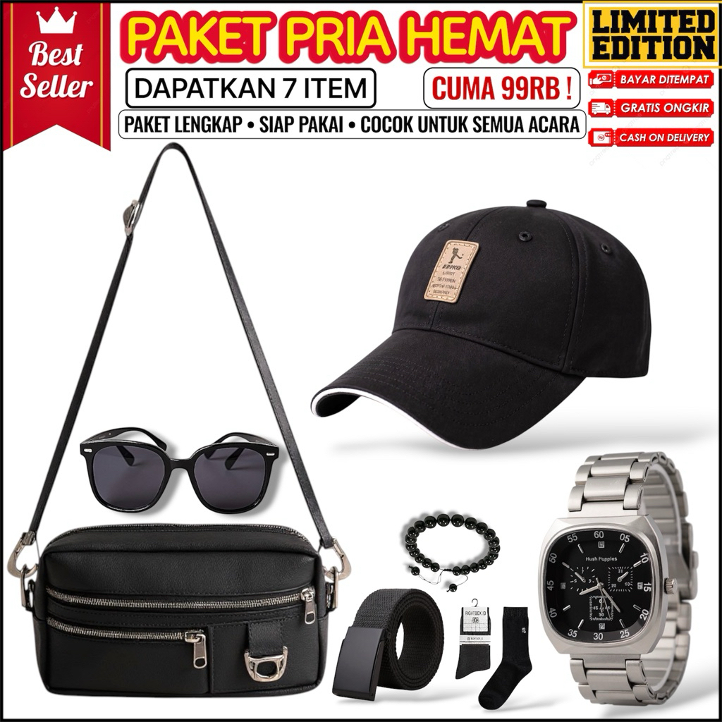 SET PRIA 8 IN 1 HEMAT - PAKET HADIAH ULANG TAHUN COWOK KEKINIAN TOPI NY JAM DIGITAL TAS SLEMPANG PAR