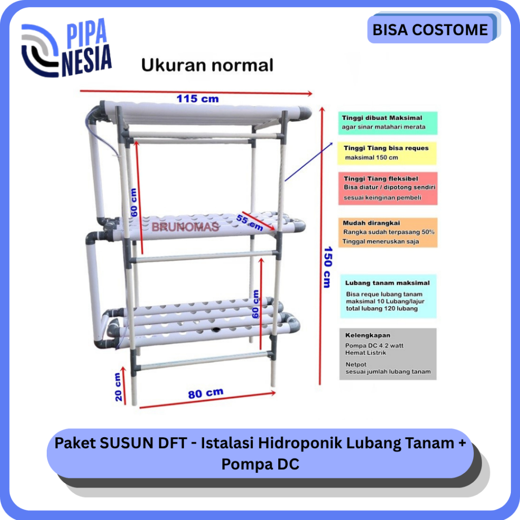 Paket SUSUN DFT - Istalasi Hidroponik Lubang Tanam + Pompa DC + Atap/Non Atap