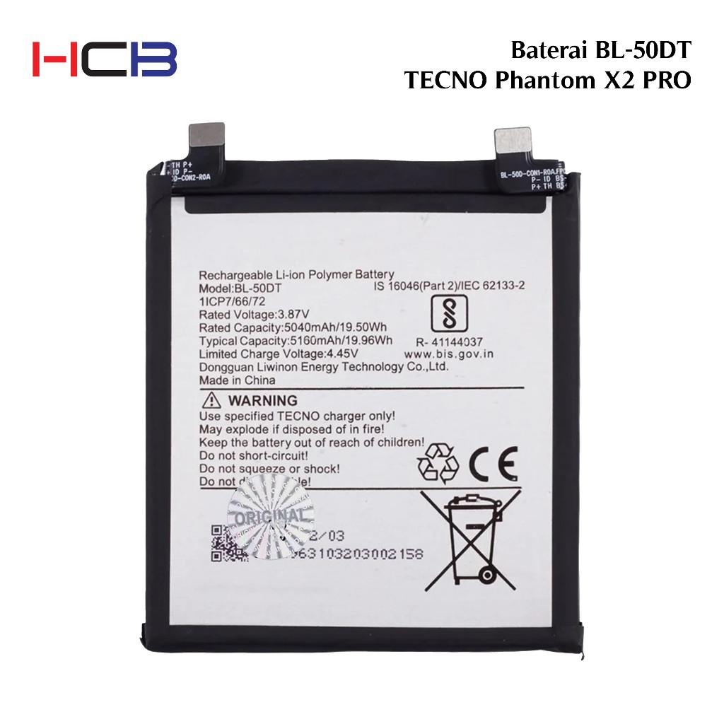 BATERAI TECNO BL-50DT TECNO PHANTOM X2 PRO ORIGINAL 100% - HCB