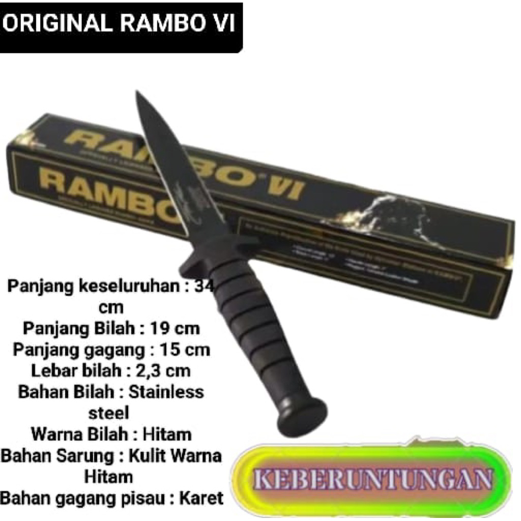 Pisau Rambo 6 Hitam Plus Sarung Survival