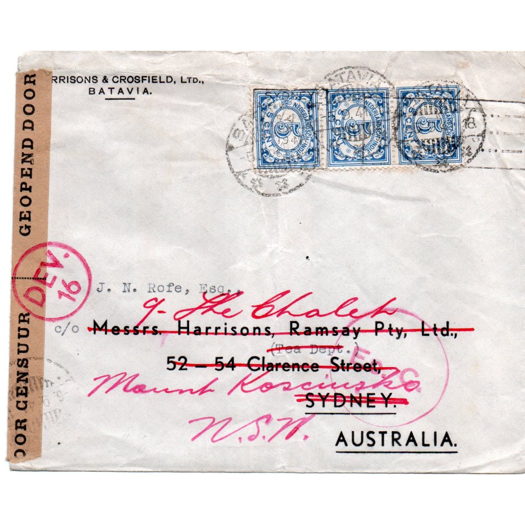 Cover dari Batavia ke Sydney, Australia, menggunakan 3 perangko 5 cent Nederlandsch-Indië dengan cap
