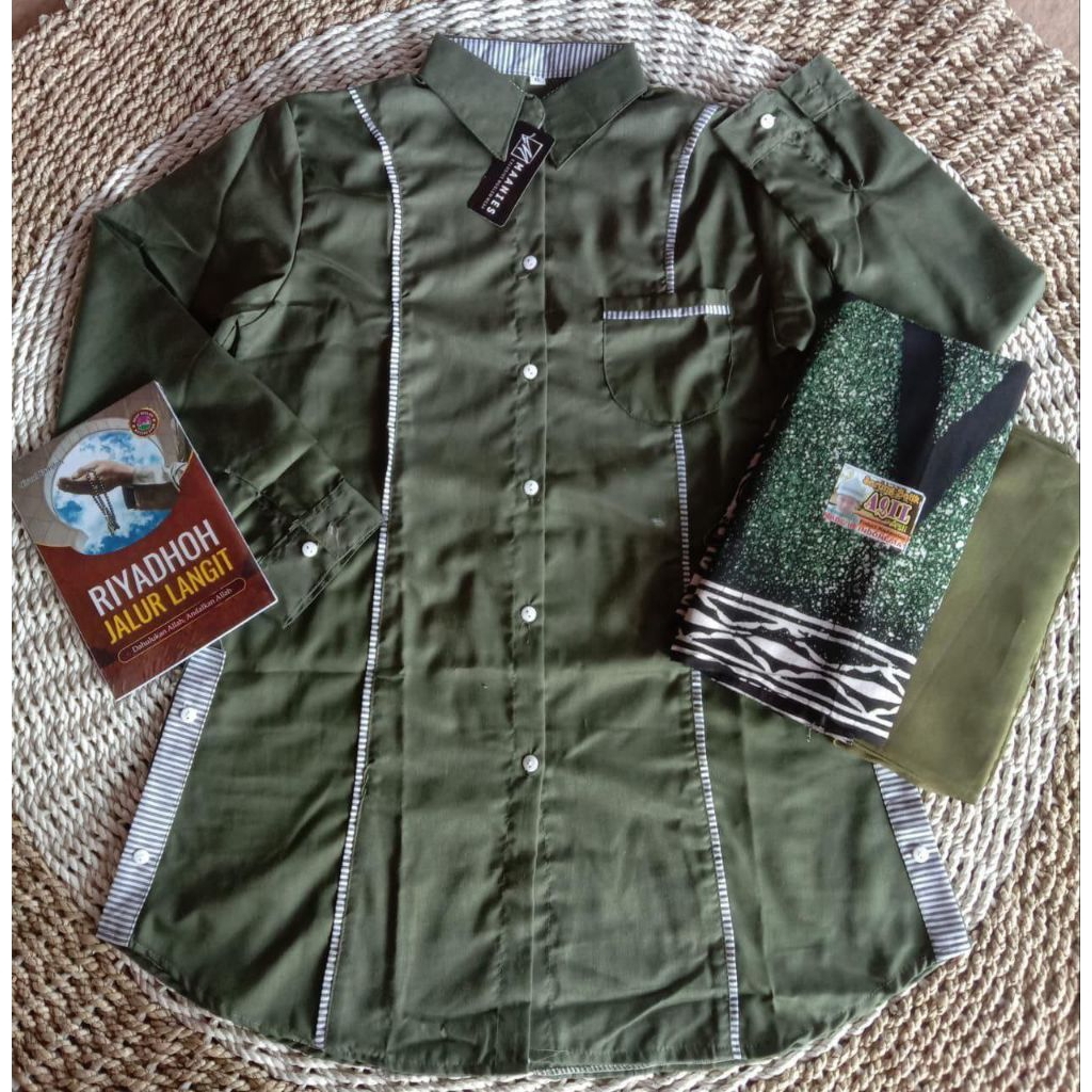 SATU PAKET SETELAN TUNIK SANTRI WARNA ARMY BAHAN TOYOBO ADEM TEBAL HALUS SATU PAKET SETELAN SANTRIWA