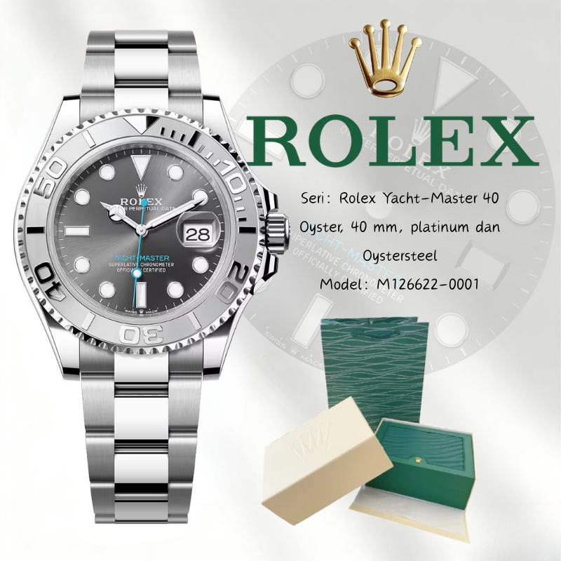 (100%Asli)Rolex M126622-0001 Yacht-Master Original Jam Tangan Rolex Pria  Dial 40mm Baja platinum 18
