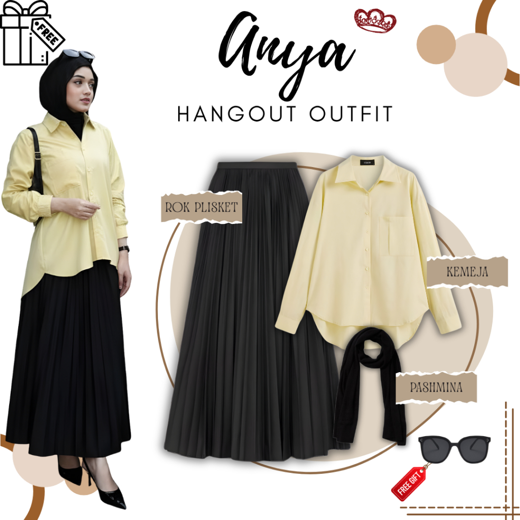 Anya Set Outfit Hijab Kekinian ( Kemeja, Rok Plisket, Pashmina ) Trend OOTD Hangout Wanita S25