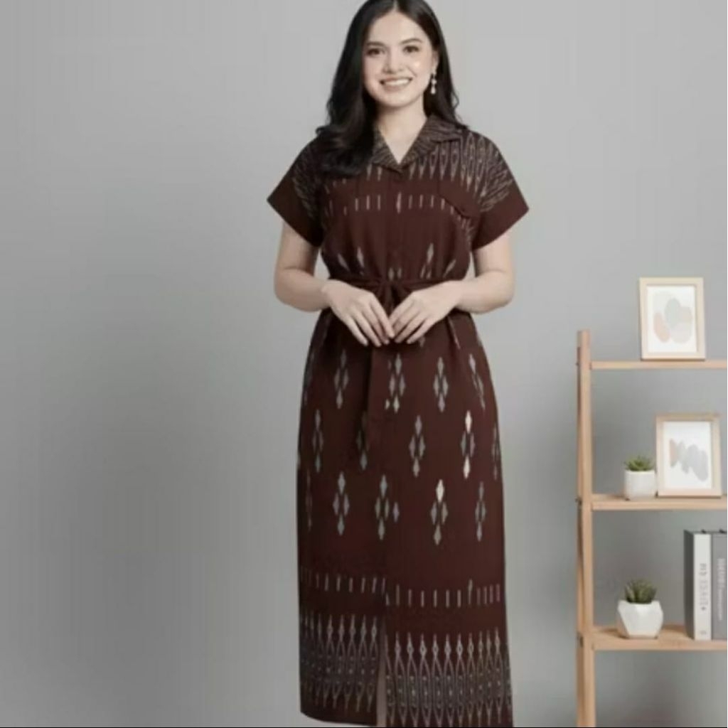 COUPLE TENUN DRESS STELLA COKLAT DRESS MIDI TENUN baju tenun couple