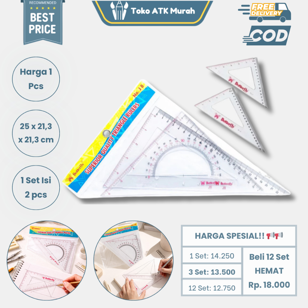 Penggaris Segitiga Set Sepasang Butterfly J8 no.8  - Triangle Ruler Penggaris Gambar Teknik