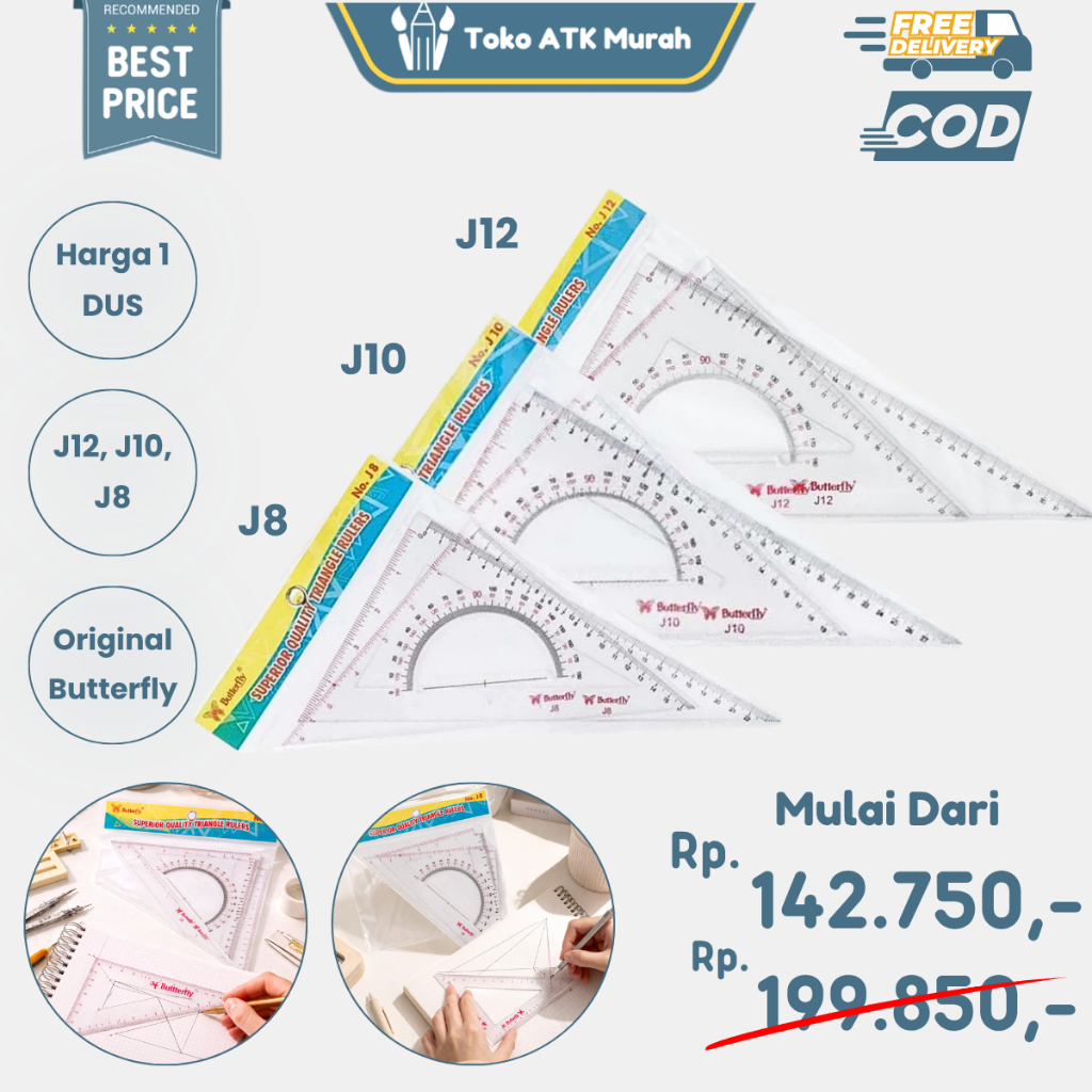 1 DUS / 12 Pcs Penggaris Segitiga Set Sepasang Butterfly J12 no.12 / J10 no.10 / J8 no.8