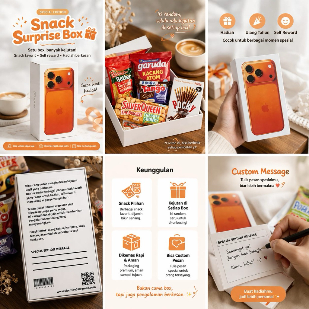 Snack Box Custom Kado Unik, Gift Box Lucu, Box Iphone 17 Orange