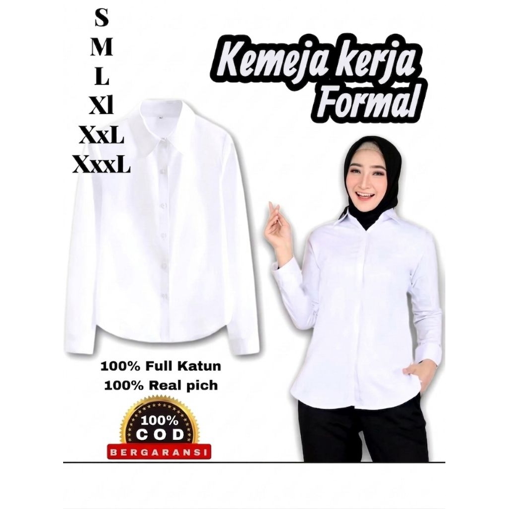 kemeja kerja wanita lengan panjang polos putih hitam baju atasan hem kantor formal cpns ospek casual